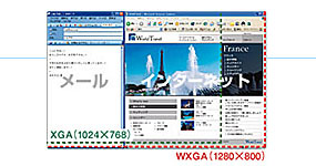 メールやインターネットを一度に表示、15.4型ワイドWXGA液晶。