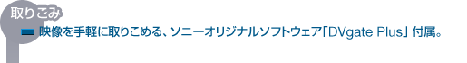 取りこみ
映像を手軽に取りこめる、ソニーオリジナルソフトウェア「DVgate Plus」付属。
