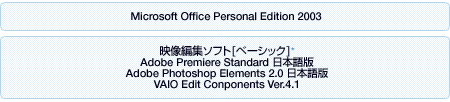 Microsoft Office 2003

fҏW\tg[x[VbN]*

Adobe Premiere Standard {

Adobe Photoshop Elements 2.0 {

VAIO Edit Conponent Ver.4.1
